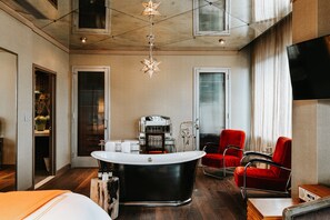 Shower, rainfall showerhead, designer toiletries, hair dryer