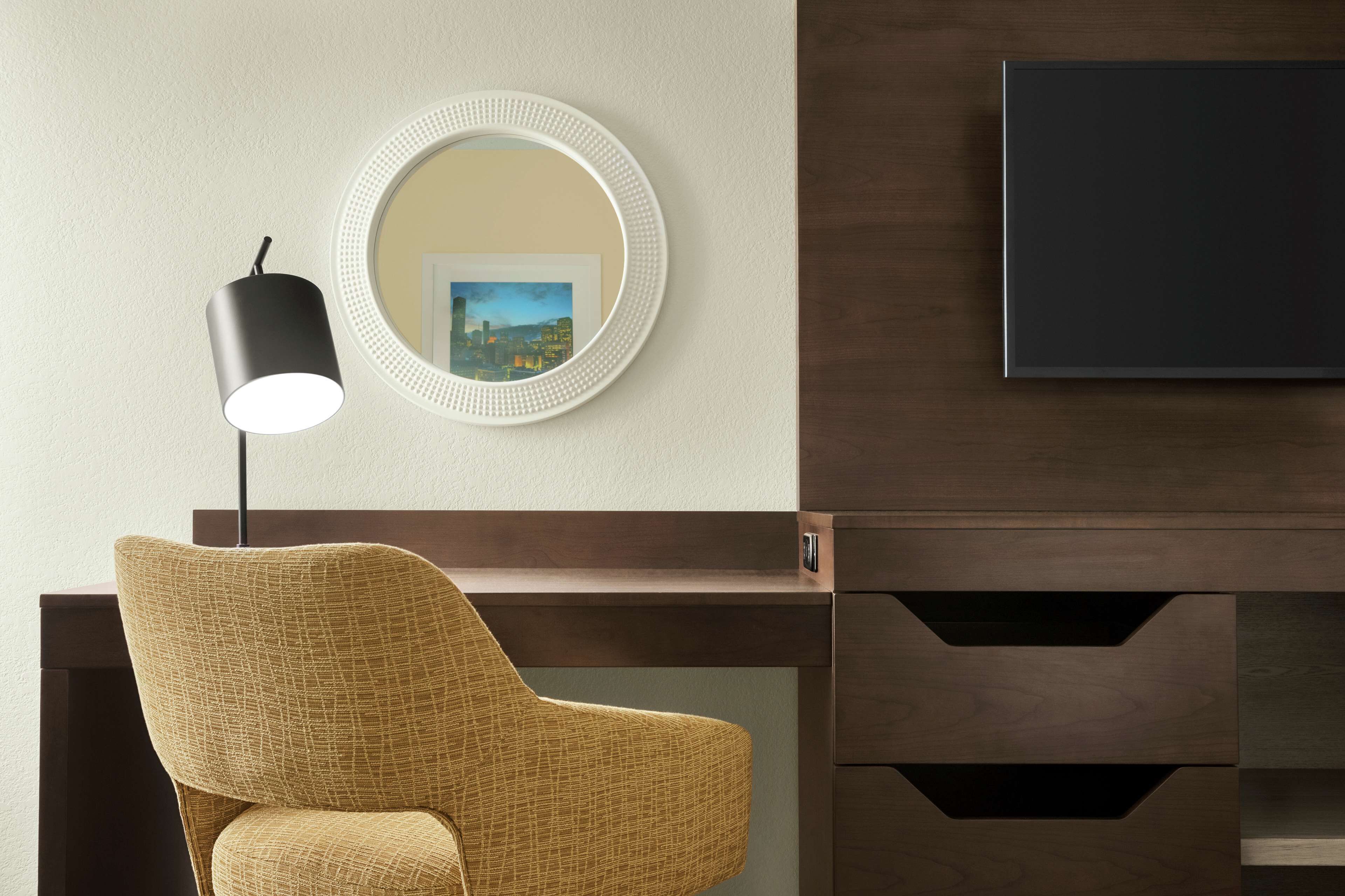 room | hypo-allergenic bedding, desk, laptop workspace, blackout curtains