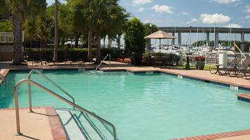 Outdoor pool, pool umbrellas, pool loungers