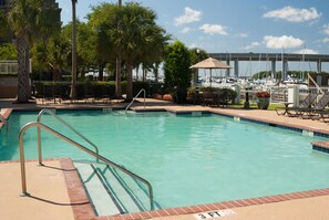 Outdoor pool, pool umbrellas, sun loungers