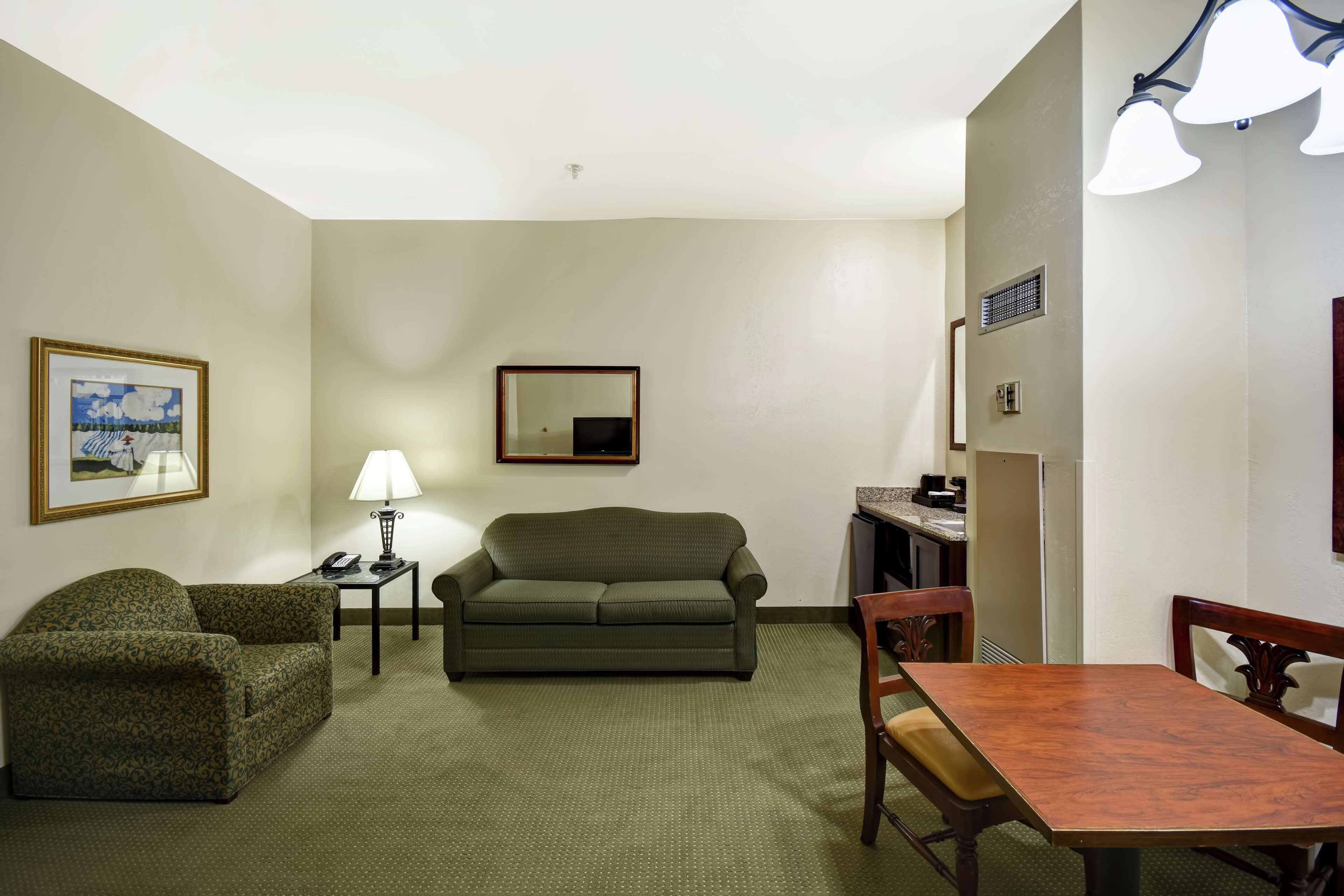 A room with a green sofa, a patterned armchair, a wooden dining table, and a small side table with a lamp.