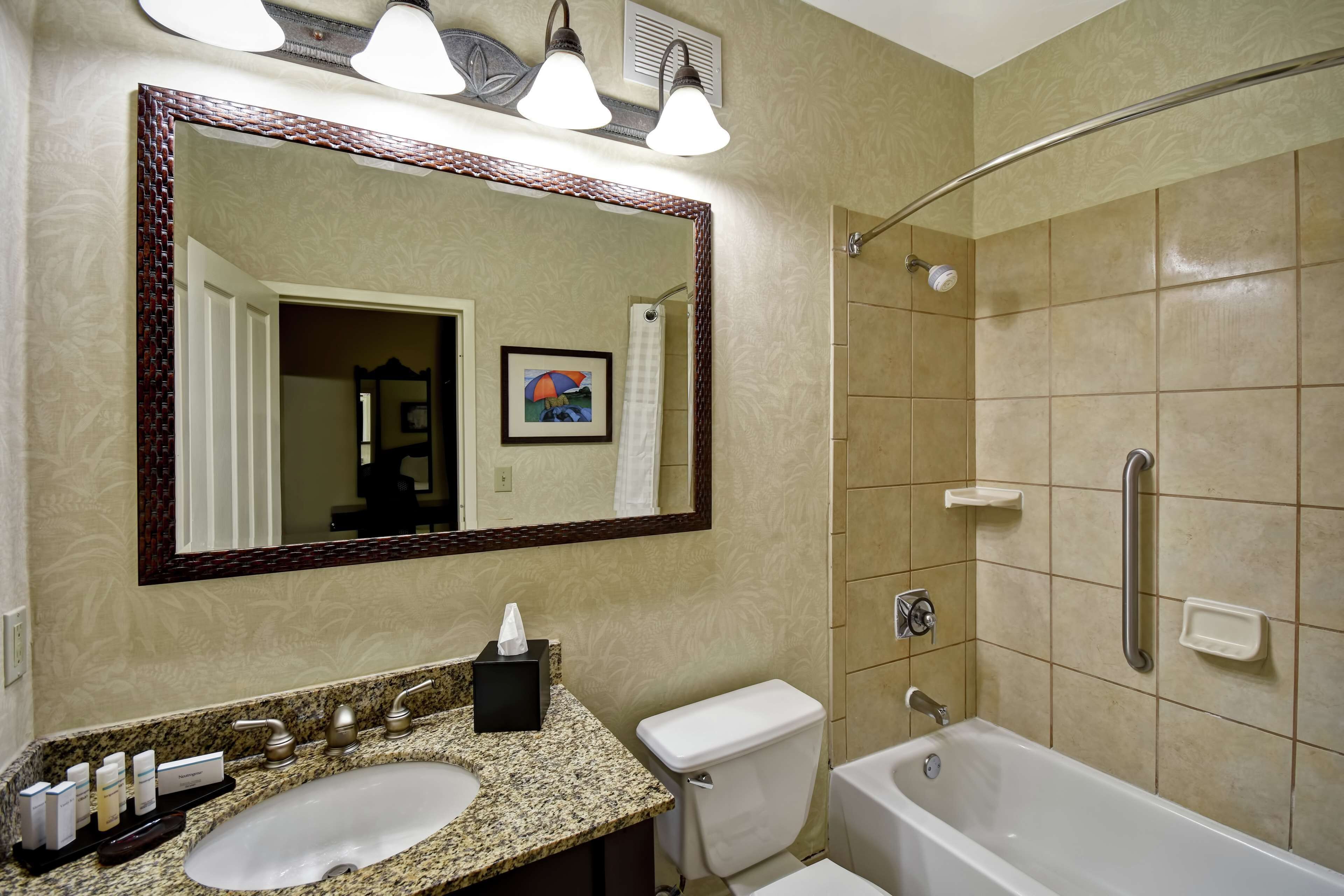 A bathroom with a granite countertop sink, a large mirror, a toilet, and a walk-in shower.