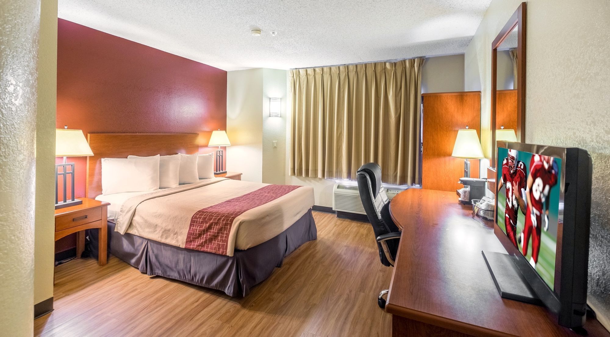 desk, laptop workspace, blackout curtains, iron/ironing board