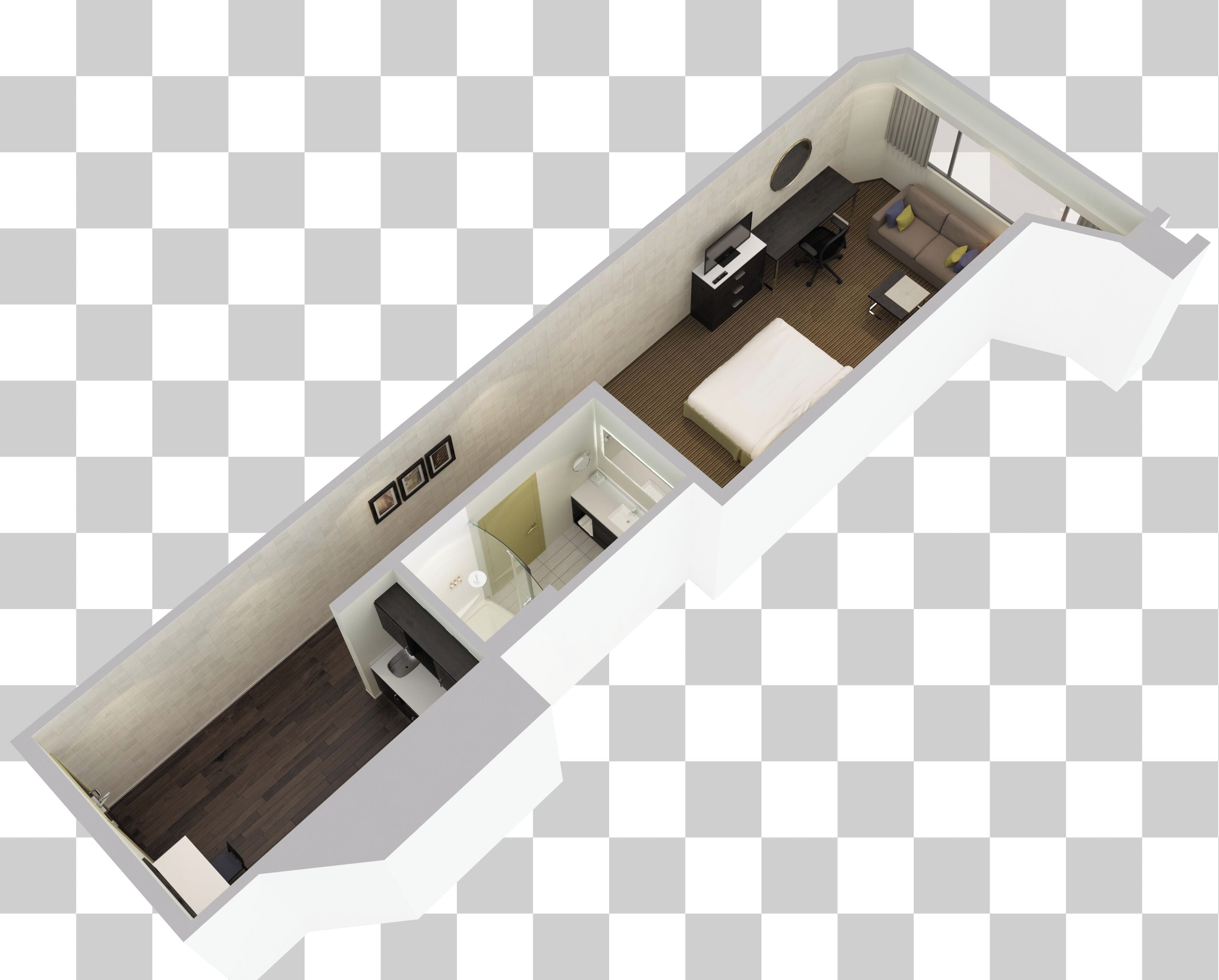 A 3D floor plan of a hotel room with a bed, a desk, a chair, a sofa, a small bathroom, and a window.