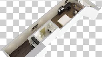 A 3D floor plan of a hotel room with a bed, a desk, a chair, a sofa, a small bathroom, and a window.