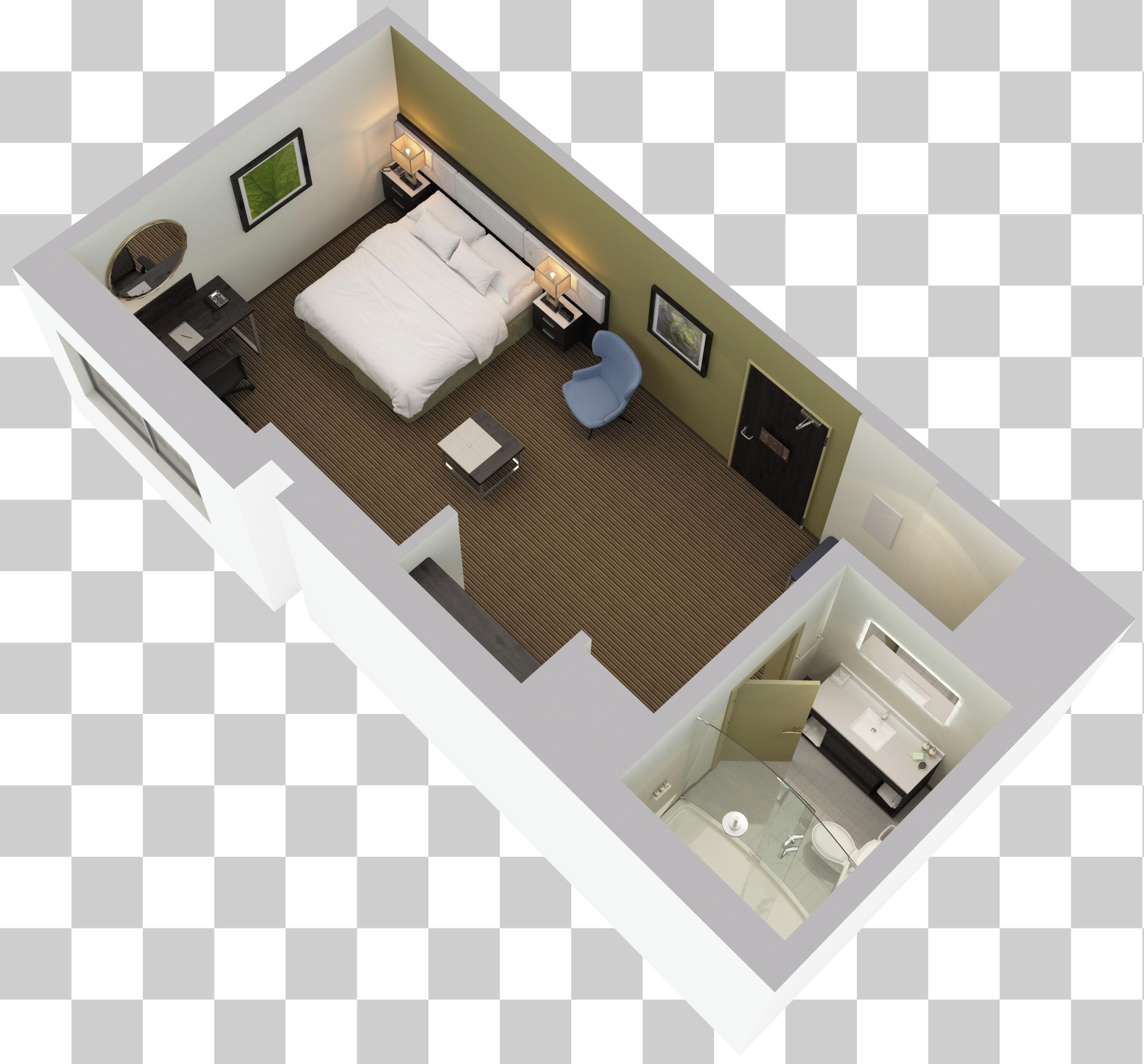 A hotel room with a bed, bedside tables, a chair, a desk, and a bathroom.