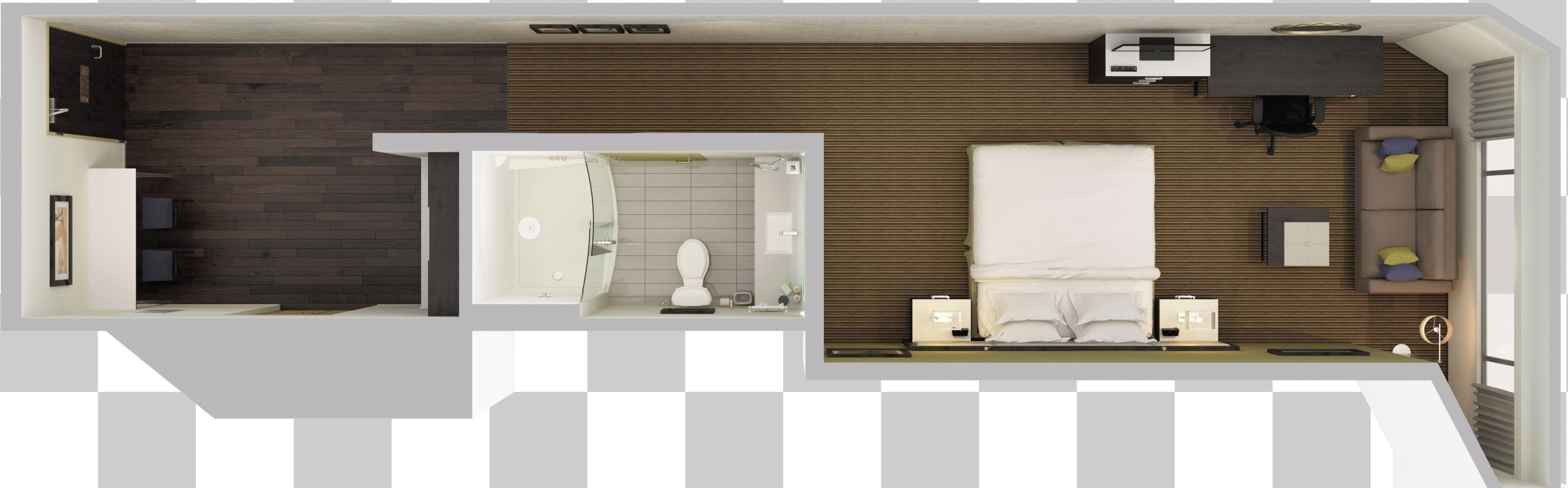 Ein Hotelzimmer mit Bett, Schreibtisch, Stuhl, Badezimmer mit Dusche und Fenster.