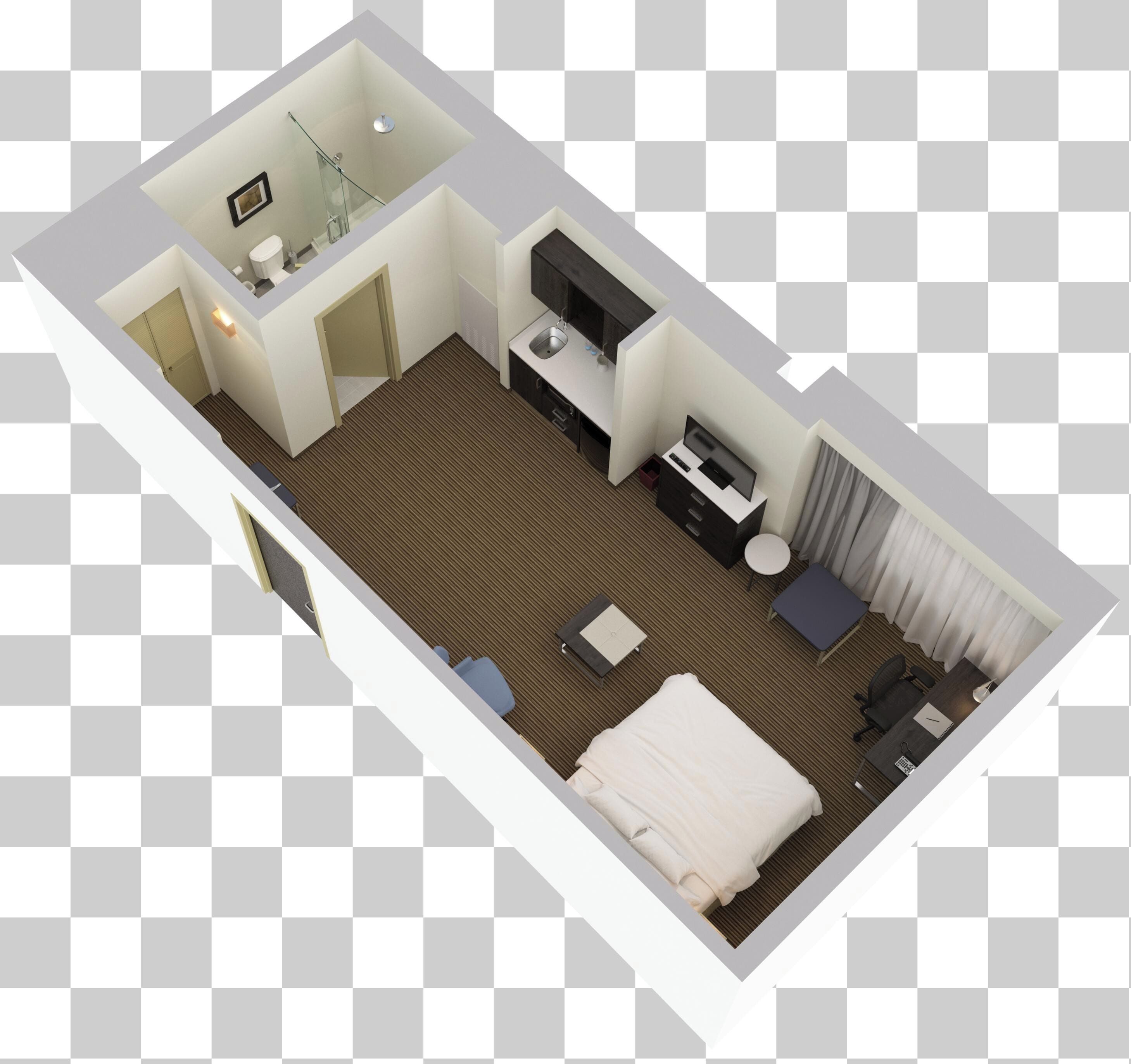 A hotel room with a bed, a desk, a chair, a small table, a sofa, a bathroom with a shower, and a toilet.