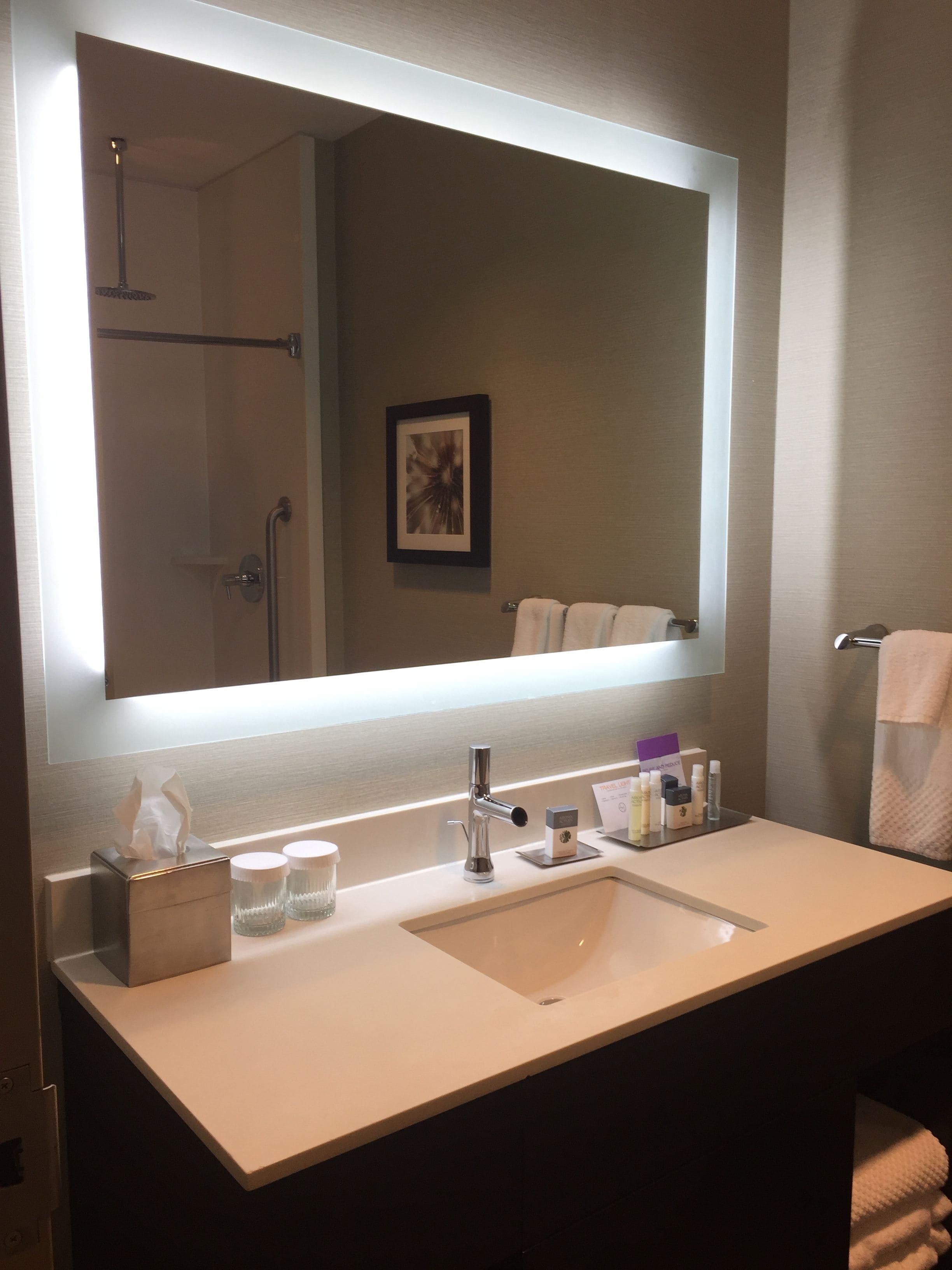 A bathroom with a large mirror, a sink, and a towel rack.