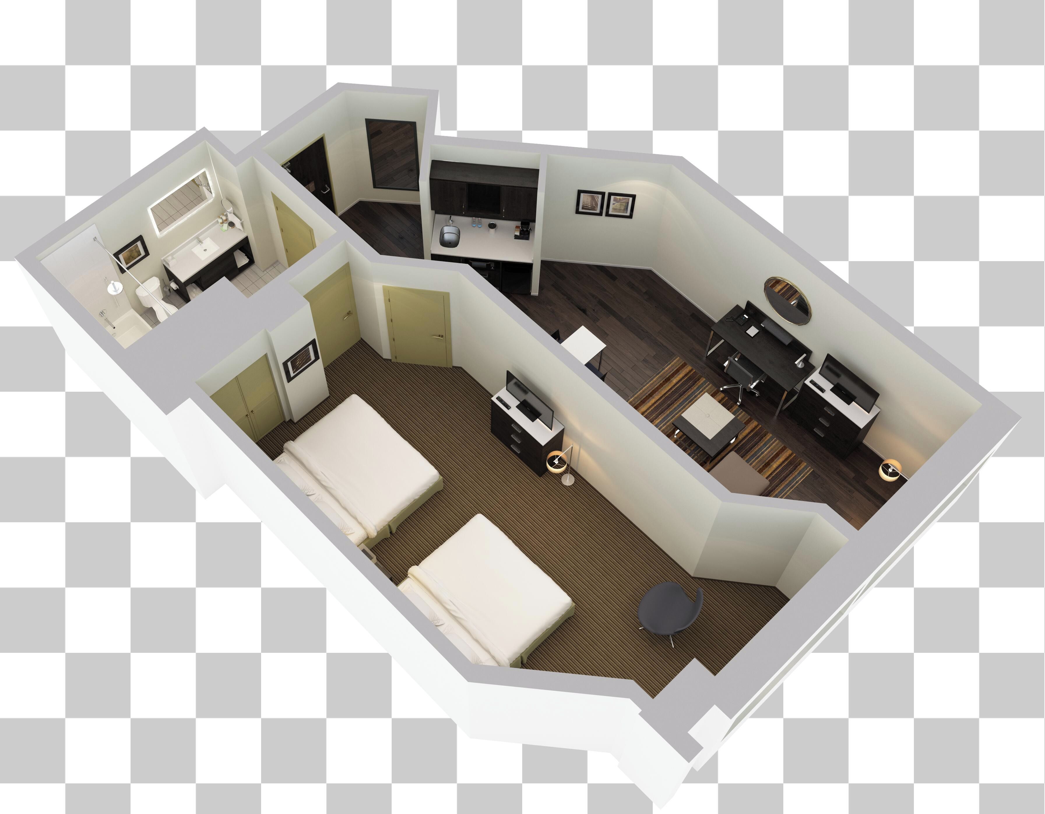 A hotel room layout with a bed, desk, chair, and a small seating area.