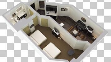 A hotel room layout with a bed, desk, chair, and a small seating area.
