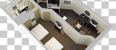 A hotel room layout with a bed, desk, chair, and a small seating area.