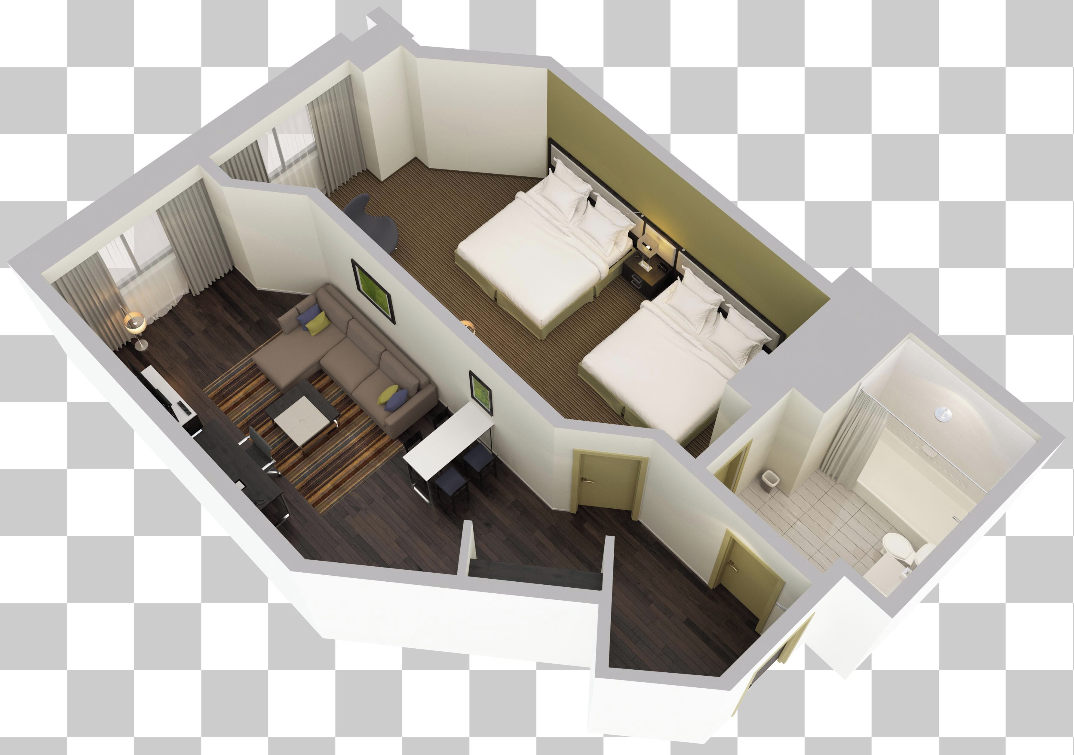 A hotel room with a bed, a sofa, a desk, and a bathroom.