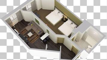 A hotel room with a bed, a sofa, a desk, and a bathroom.