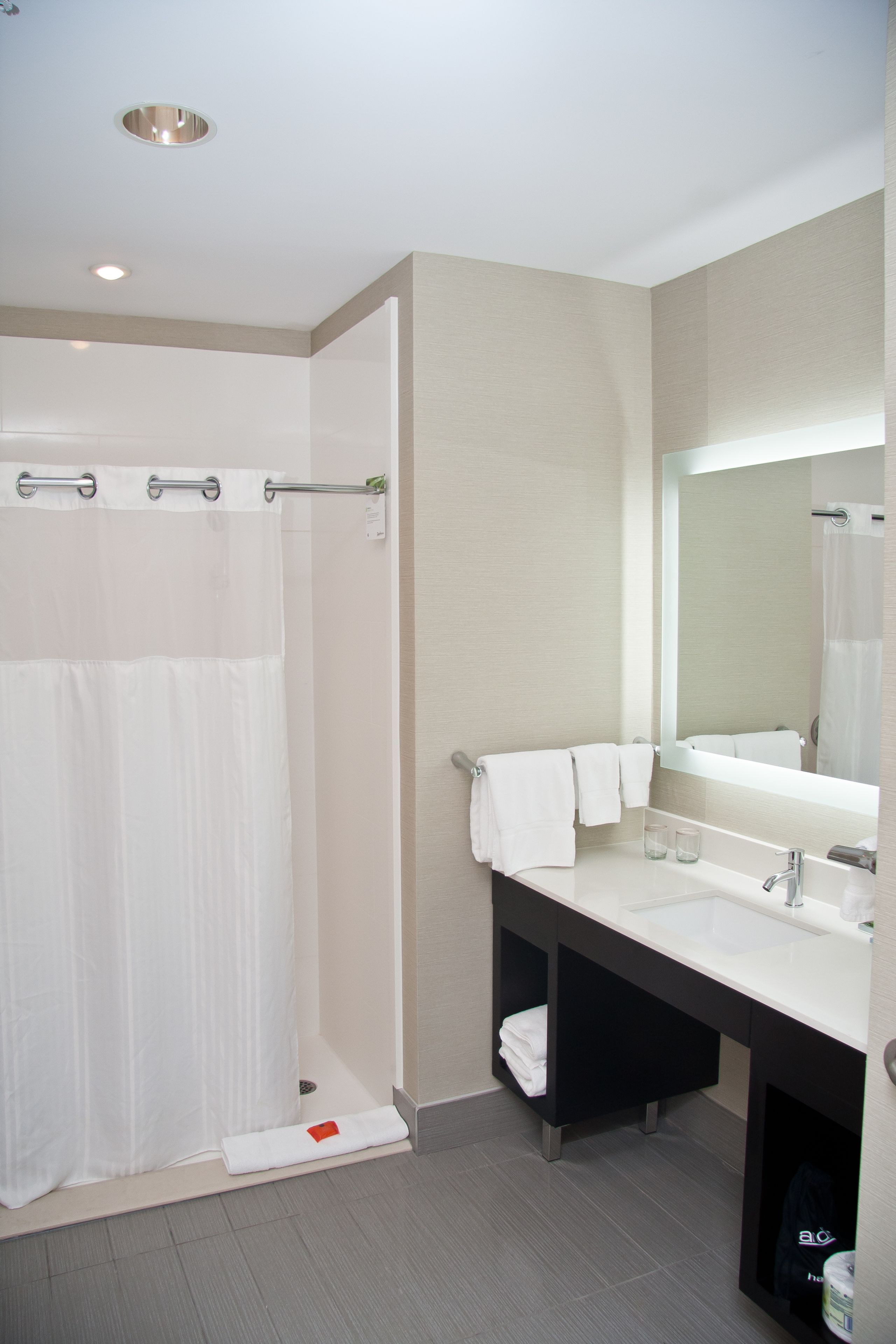 Un baño moderno con ducha, lavamanos, espejo y barra para toallas.
