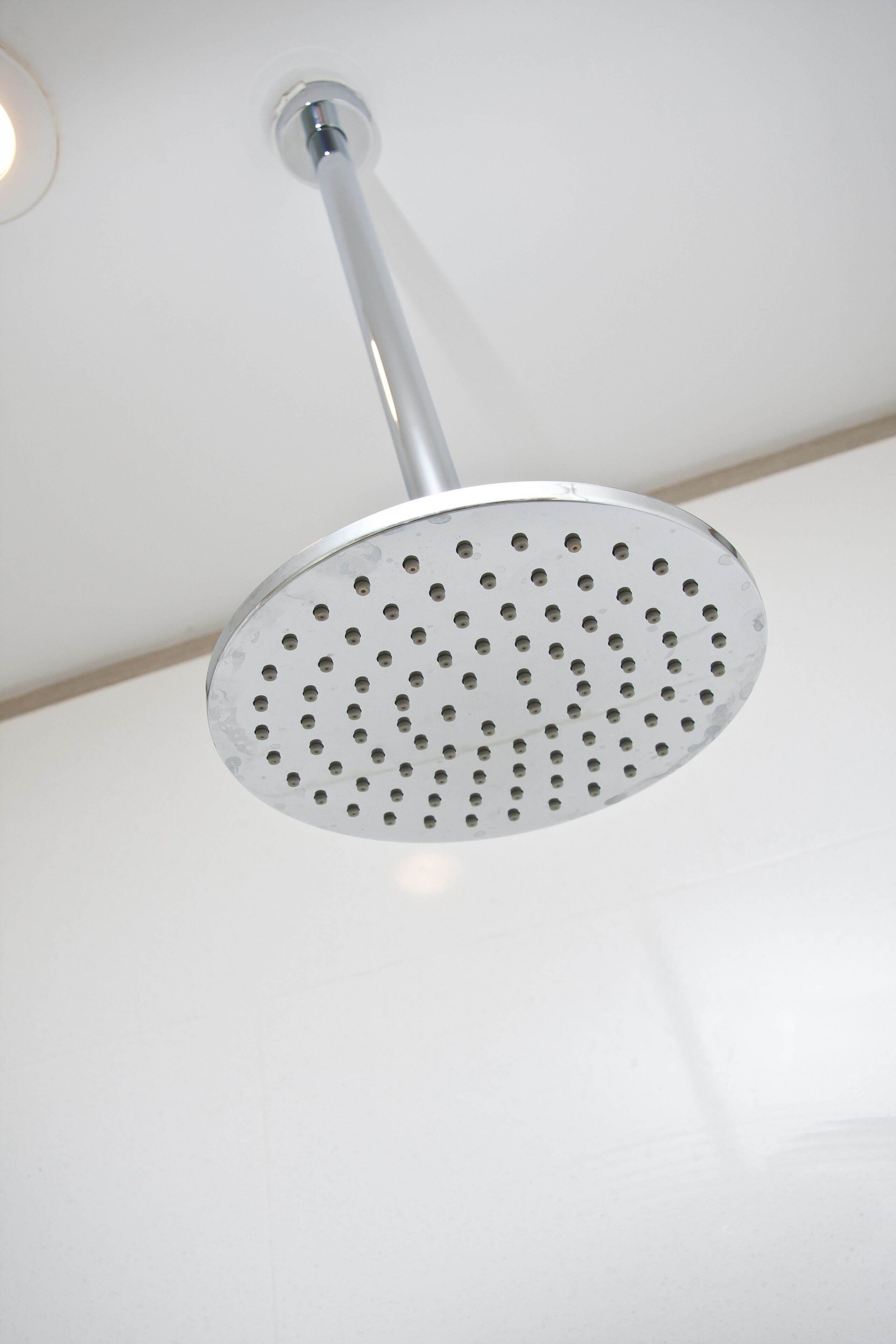 Un cabezal de ducha con diseño perforado, montado en un techo blanco.
