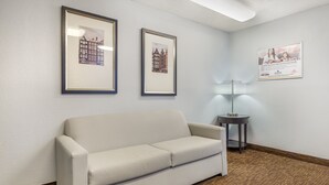 Una camera d'hotel con un divano, opere d'arte incorniciate al muro, una lampada e un pavimento tappezzato.
