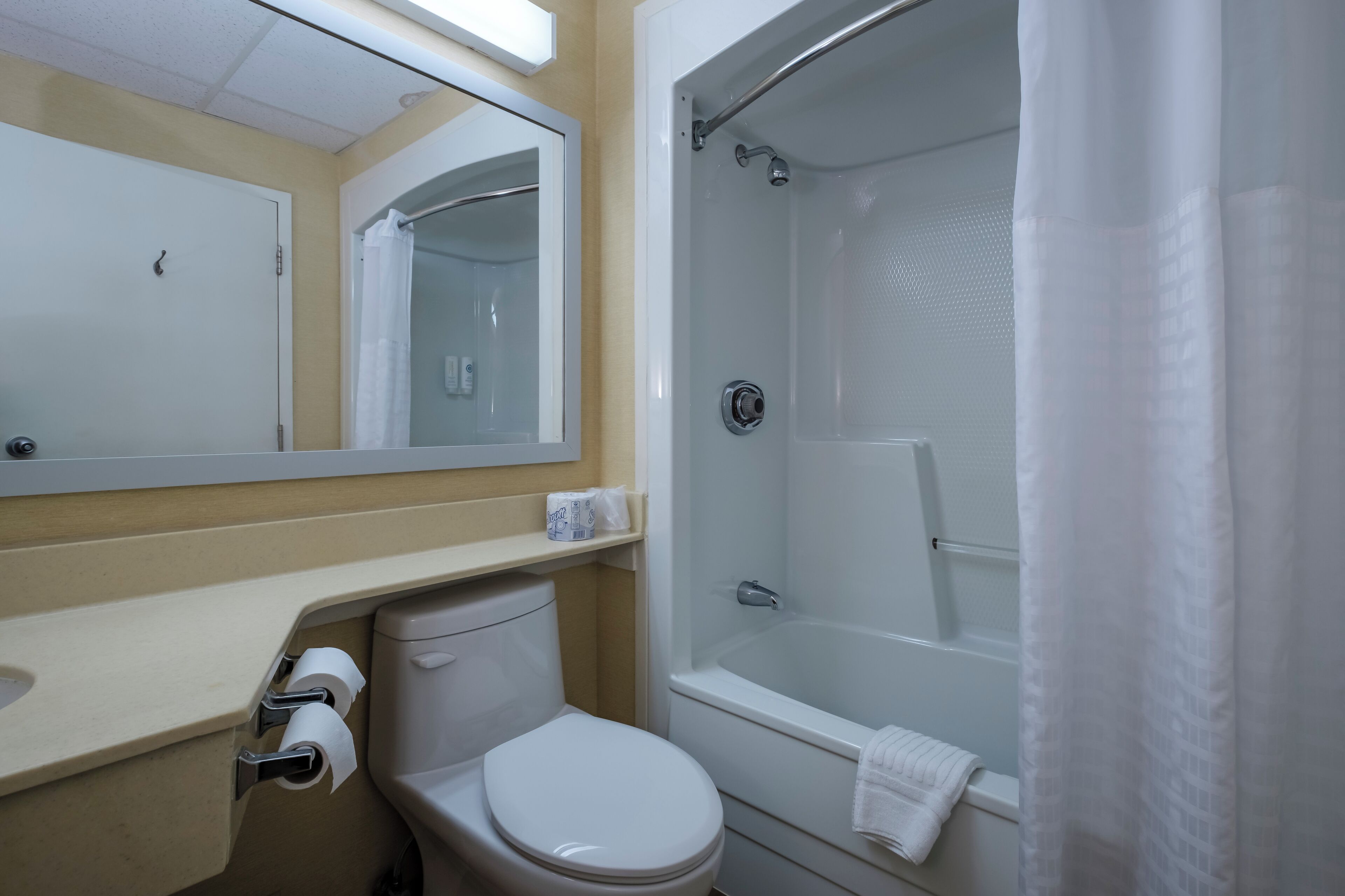 combined shower/bathtub, rainfall showerhead, free toiletries