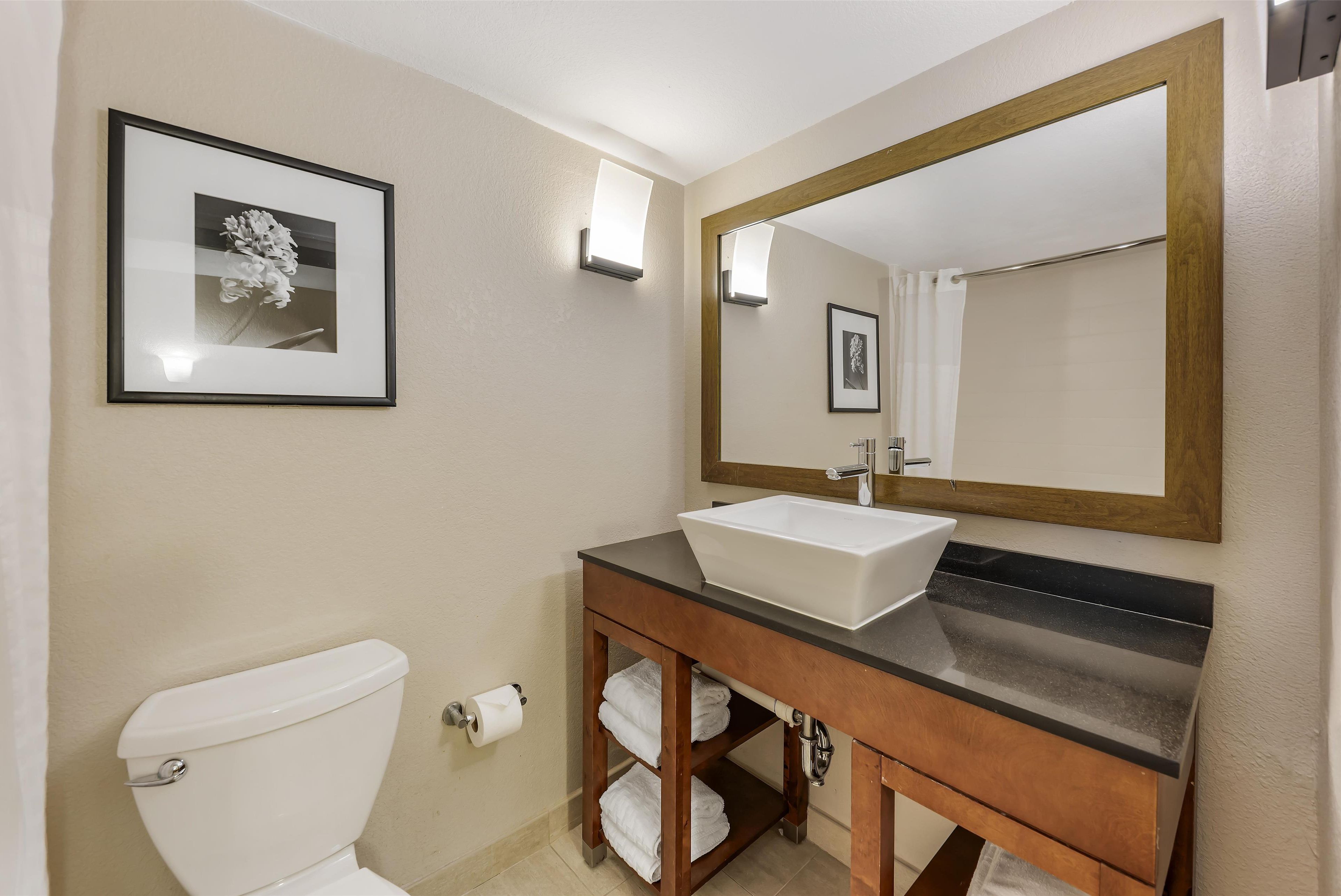 Ein Badezimmer mit einem weißen Waschbecken, einer Holzausstattung, einem gerahmten Bild an der Wand und einer Toilette.