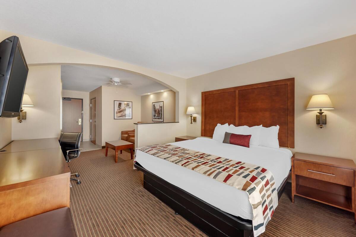 A hotel room with a large bed, a desk, a chair, a TV, and a nightstand.