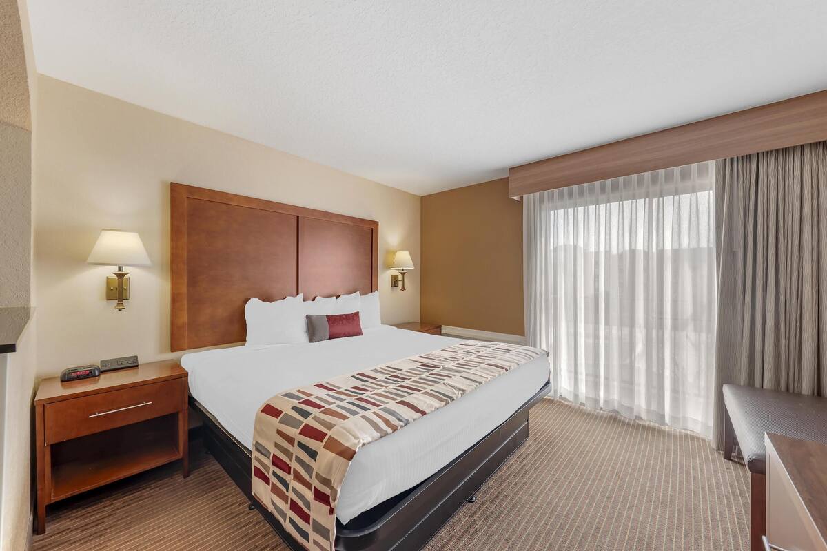 A hotel room with a large bed, two bedside lamps, a wooden headboard, a bedside table, and a large window with sheer curtains.