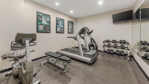 Un gimnasio con cintas de correr, bancos de pesas y mancuernas.