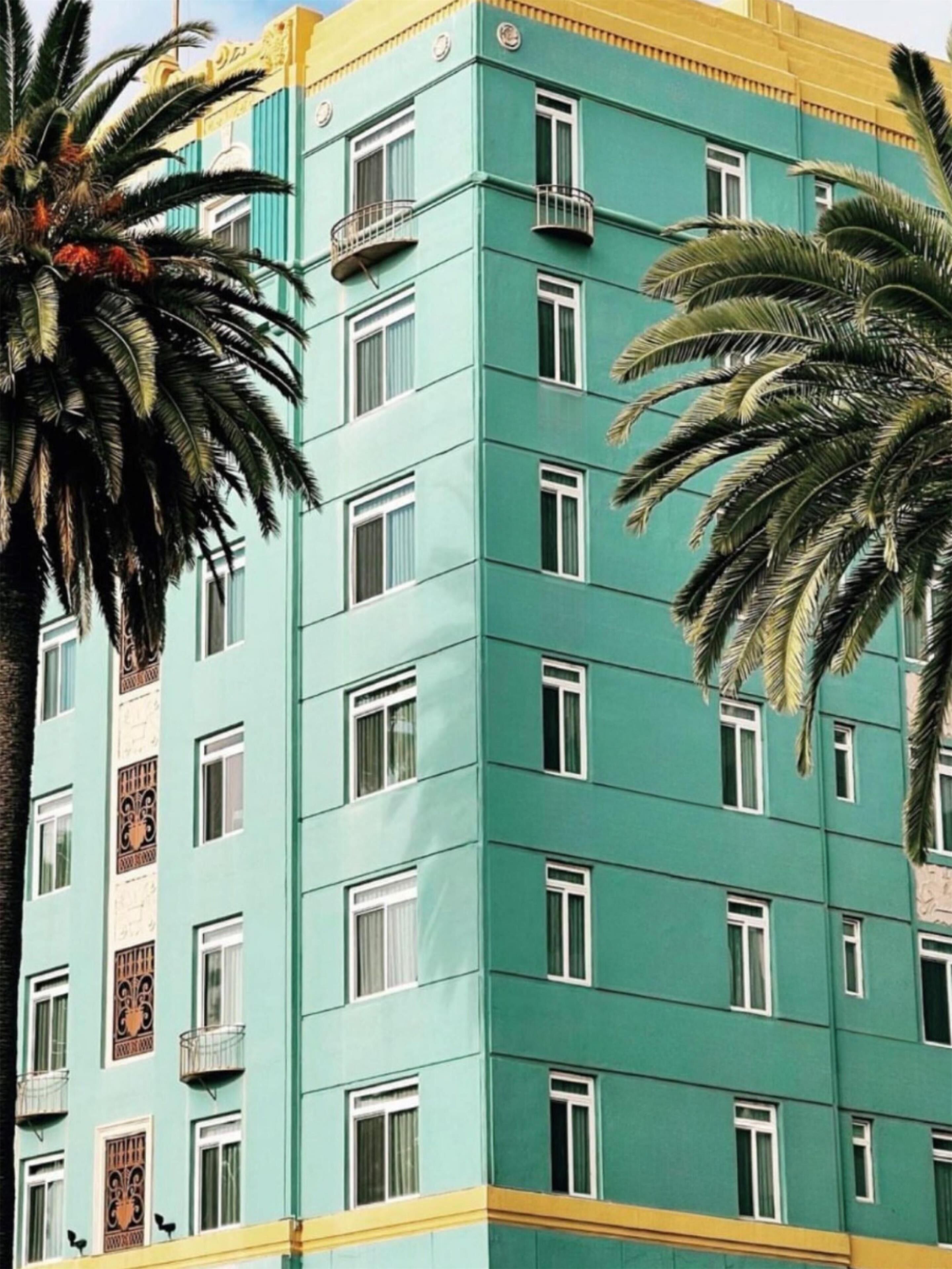 A multi-story building with balconies, windows, and palm trees.