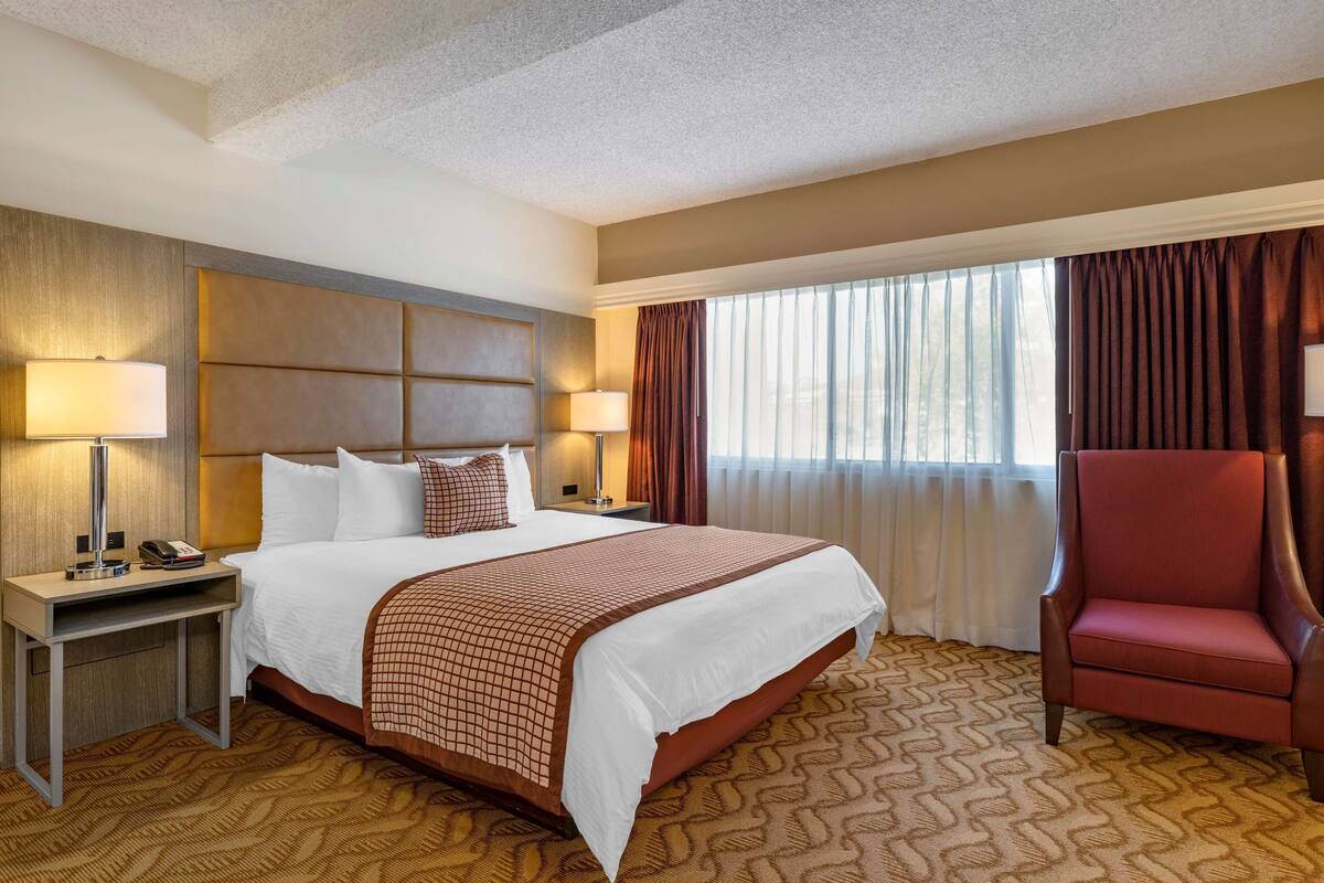 A hotel room with a large bed, a nightstand with a lamp, a chair, and a window with curtains.