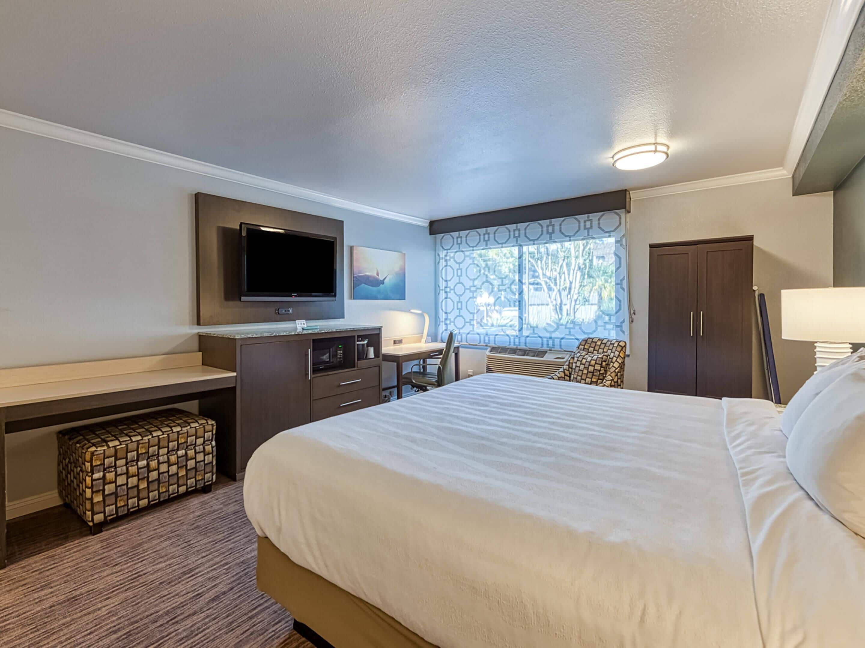 Une chambre d’hôtel avec un grand lit, un bureau doté d’une télévision à écran plat, un micro-ondes, une chaise et une armoire.