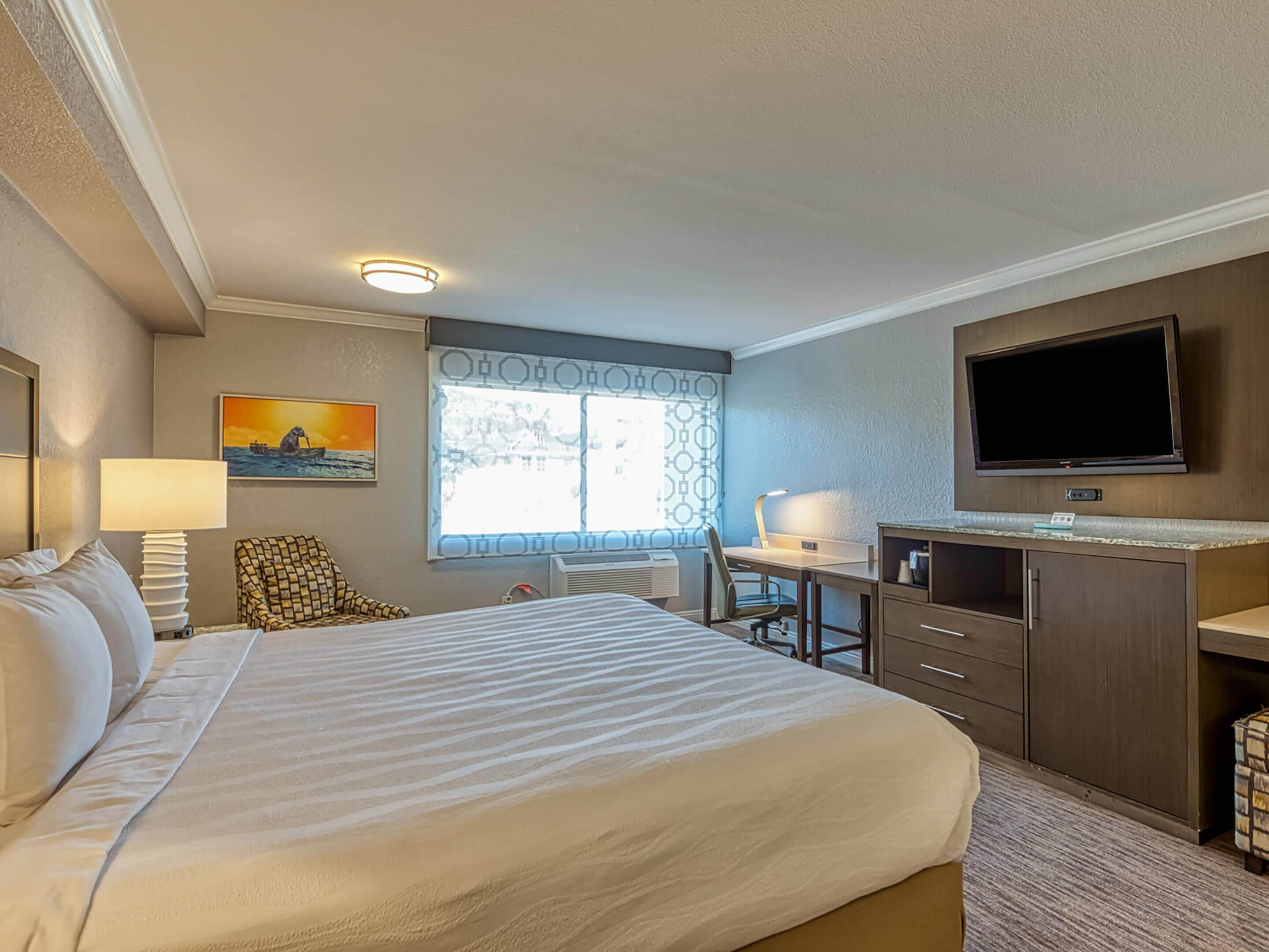 A hotel room with a large bed, a desk, a chair, a TV, and a window with a view of trees.