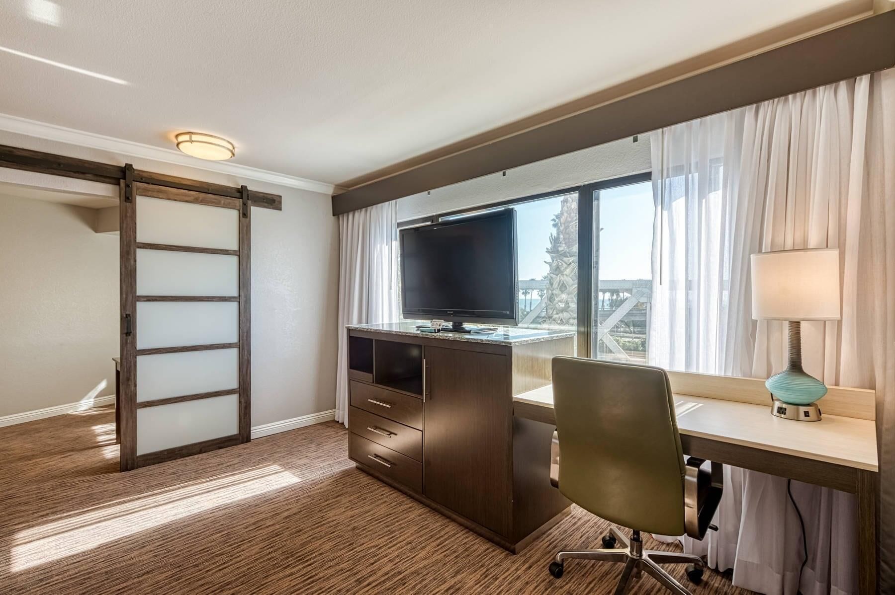 hypo-allergenic bedding, desk, blackout curtains, iron/ironing board