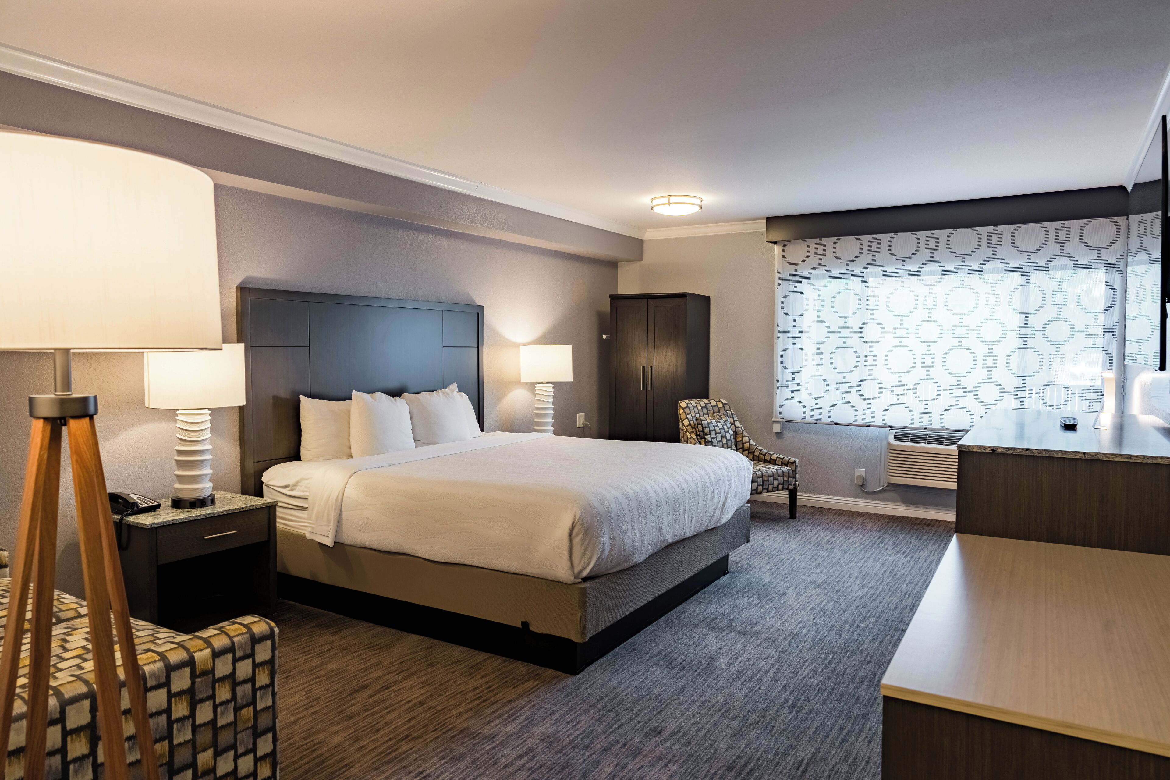 hypo-allergenic bedding, desk, blackout curtains, iron/ironing board