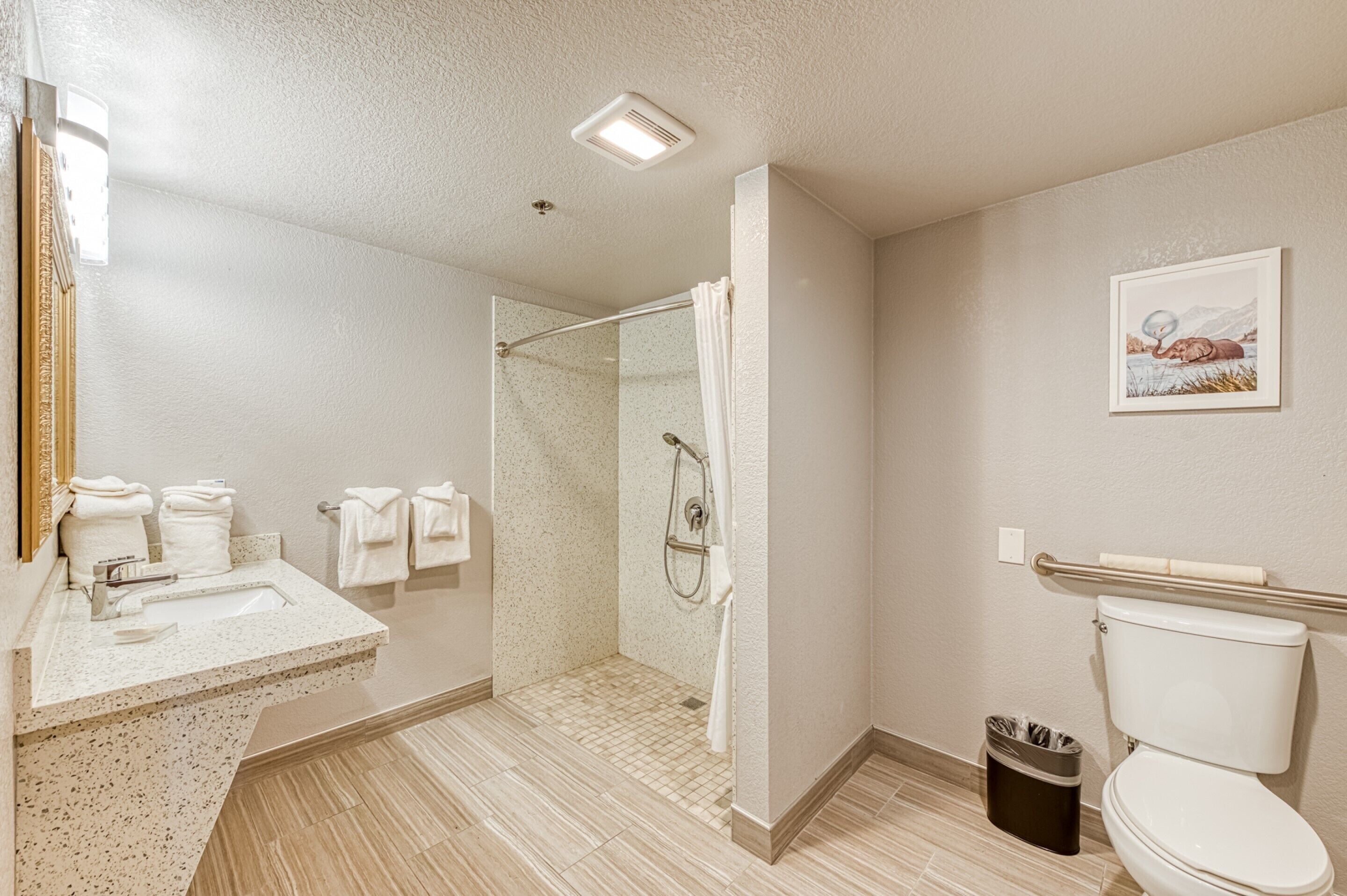 Een badkamer met douche, toilet en wastafel.