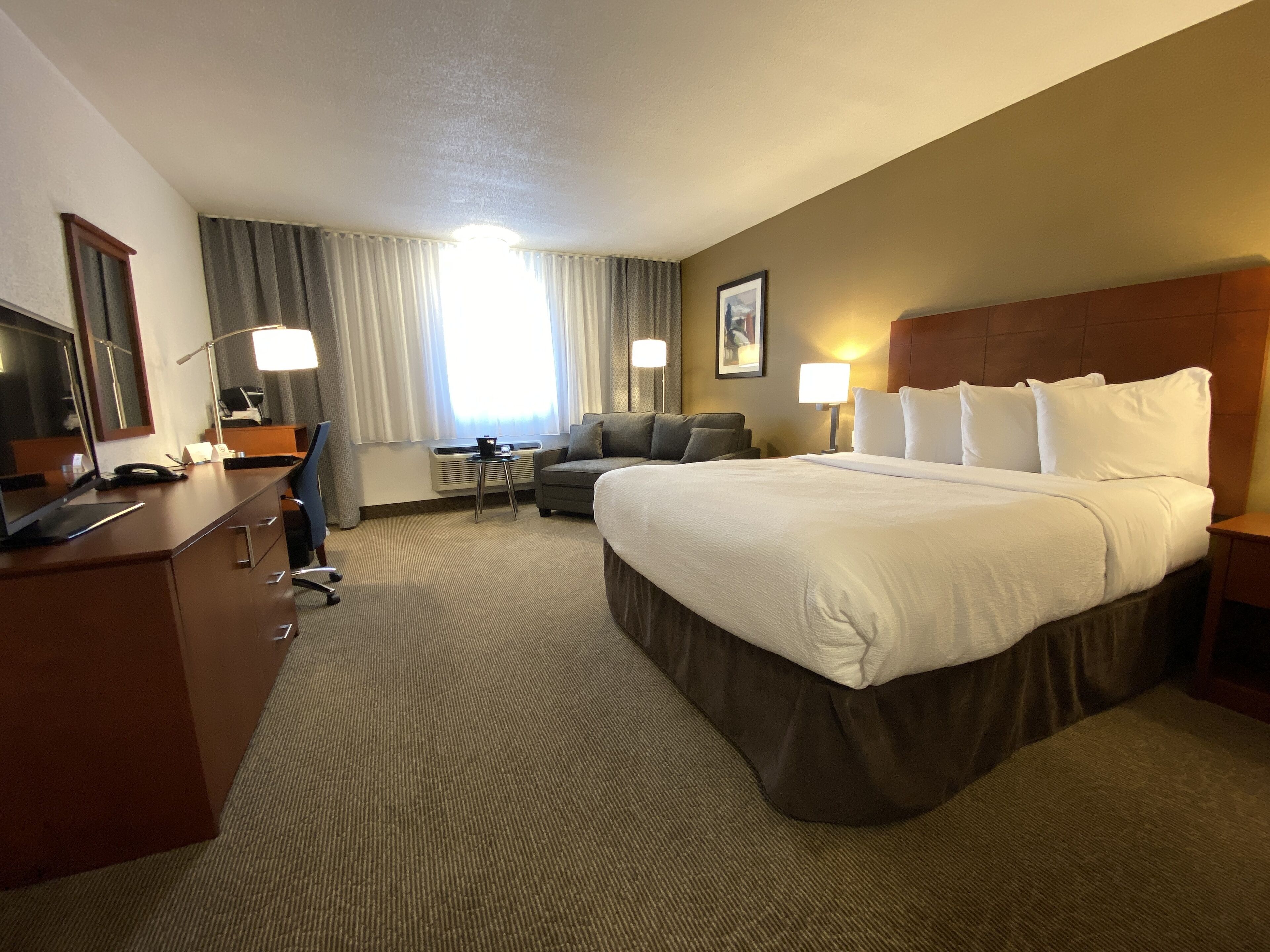 A hotel room with a large bed, a desk with a computer, a chair, a sofa, and a TV.