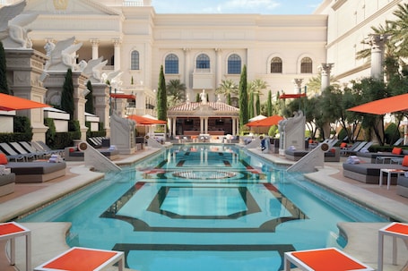 7 outdoor pools, open 9:00 AM to 5:00 PM, cabanas (surcharge). Caesars Palace