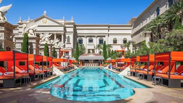 7 outdoor pools, open 9:00 AM to 7:00 PM, cabanas (surcharge)