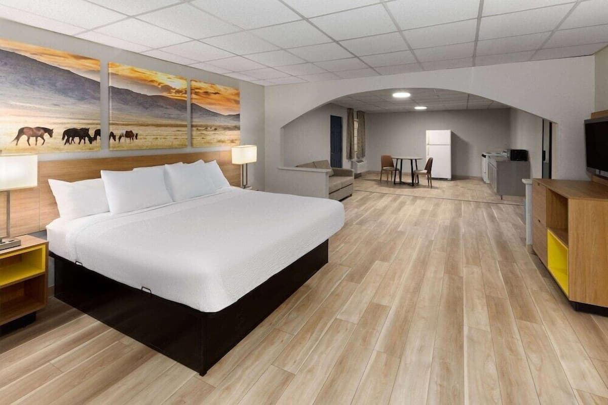 Una habitación de hotel con una cama grande, un escritorio, una silla, un televisor y un cuadro en la pared.