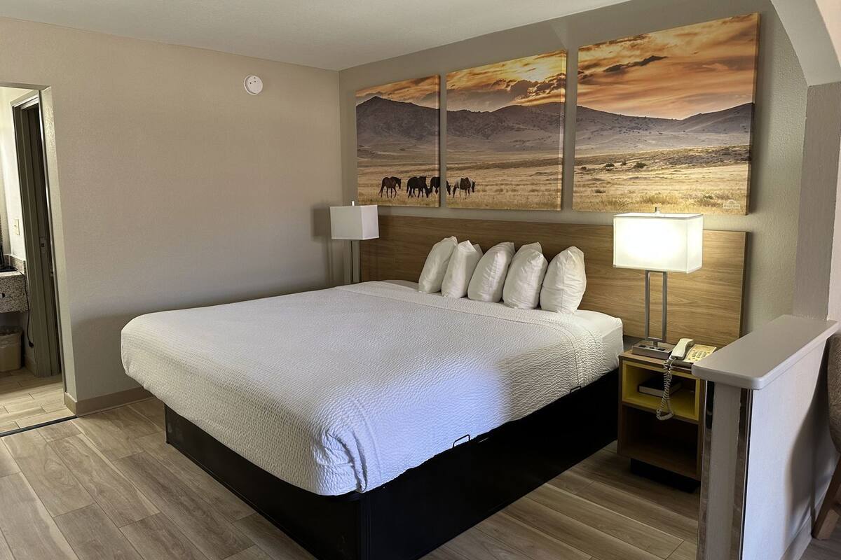 Une chambre d’hôtel avec un grand lit, une table de chevet avec une lampe, un téléphone et un tableau représentant un paysage, accroché au mur.