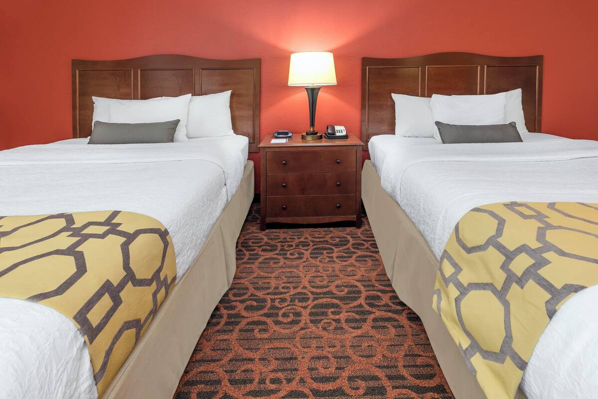 Une chambre d’hôtel avec deux lits, une table de chevet avec une lampe et une moquette à motifs.