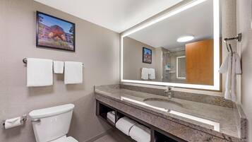 A modern bathroom with a toilet, sink, and large mirror.