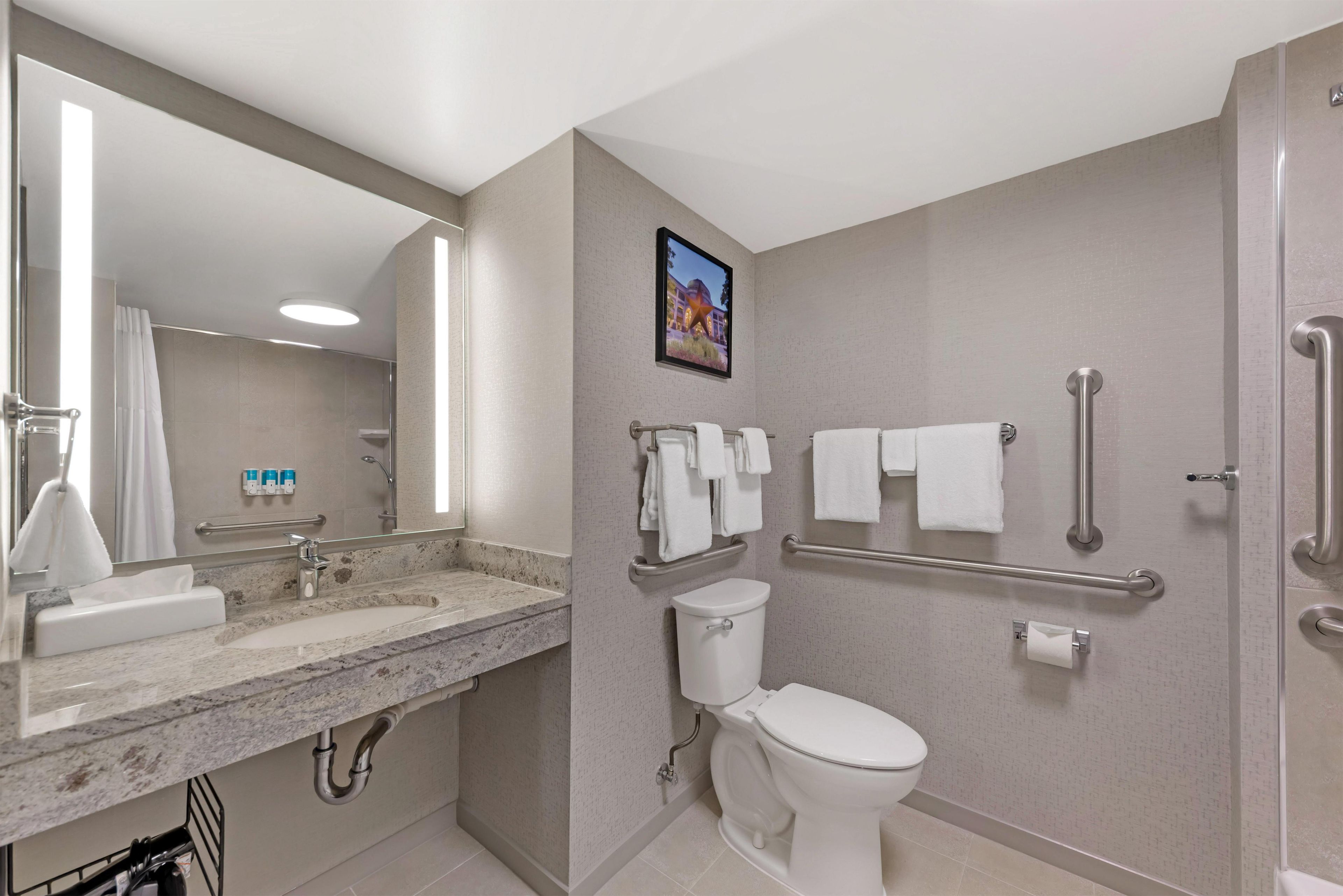 A modern bathroom with a sink, mirror, toilet, and handrails.