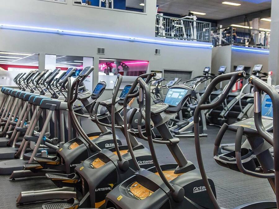 Un gimnasio con varias cintas de correr alineadas.