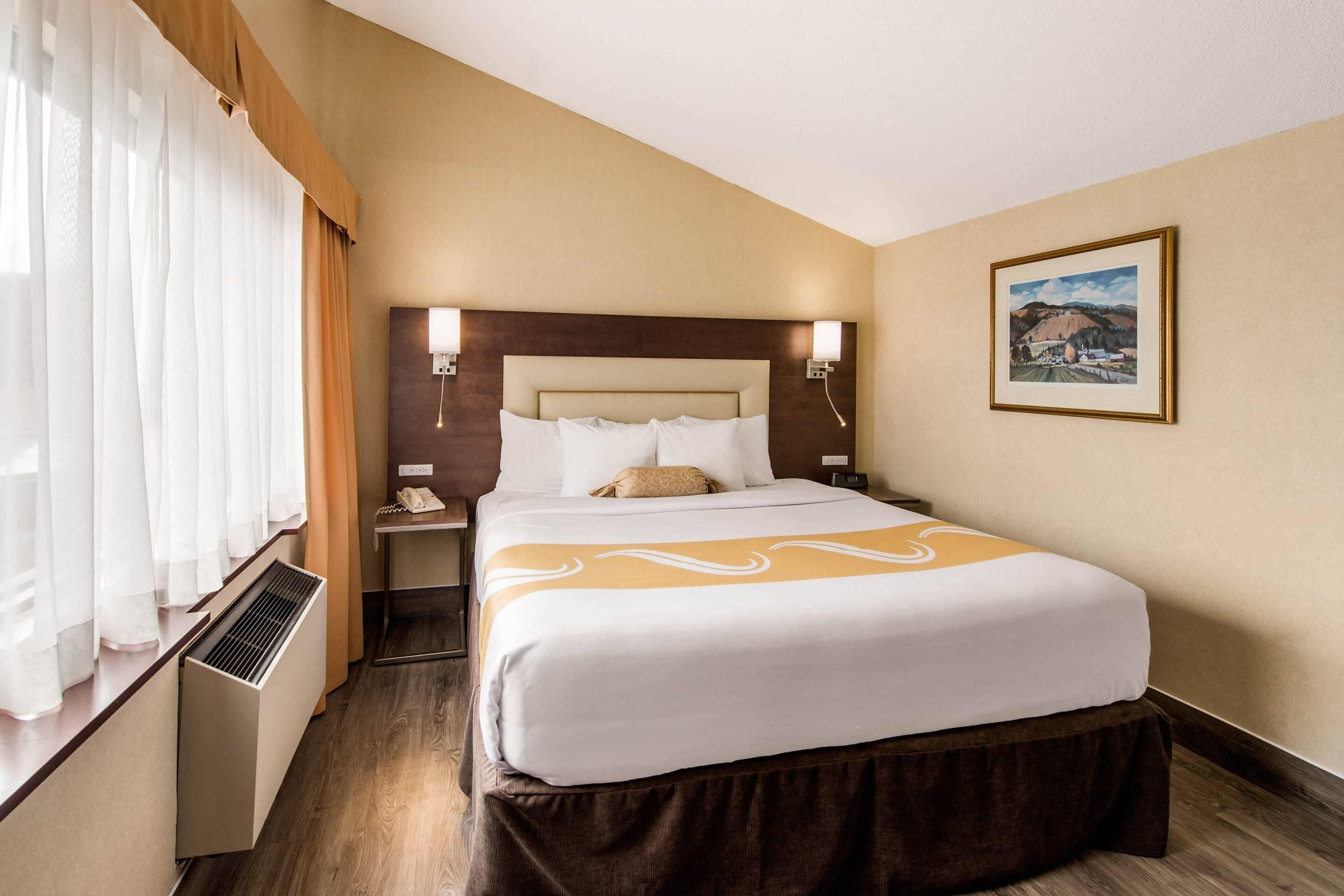 Une chambre d’hôtel avec un lit, des tables de chevet, une fenêtre avec des rideaux, un tableau accroché au mur et un radiateur.