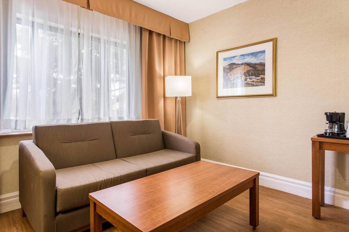 Une pièce comprenant un canapé, une table en bois, une lampe, un tableau encadré accroché au mur et une machine à café posée sur une petite table.