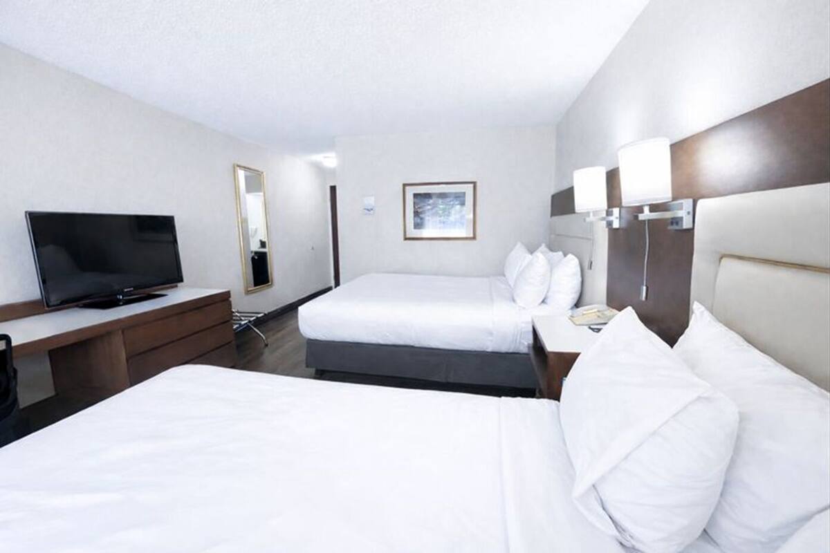Une chambre d’hôtel comprenant un lit, un bureau avec un téléviseur à écran plat, une table de chevet et une lampe fixée au mur.