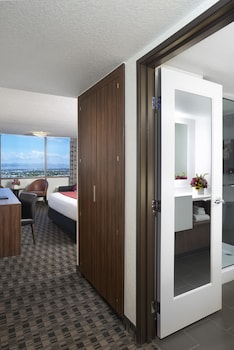 A hotel with a prominent