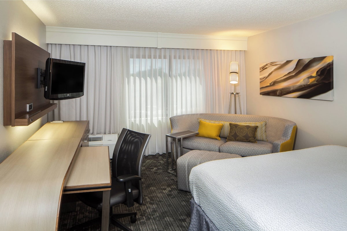 Une chambre d’hôtel équipée d’un lit, d’un canapé, d’un bureau, d’une chaise, d’une télévision et d’une lampe.