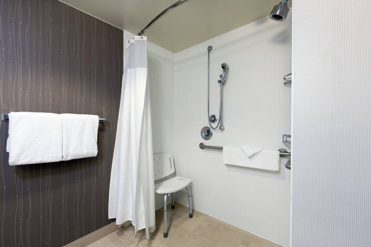 combined shower/bathtub, free toiletries, hair dryer, towels