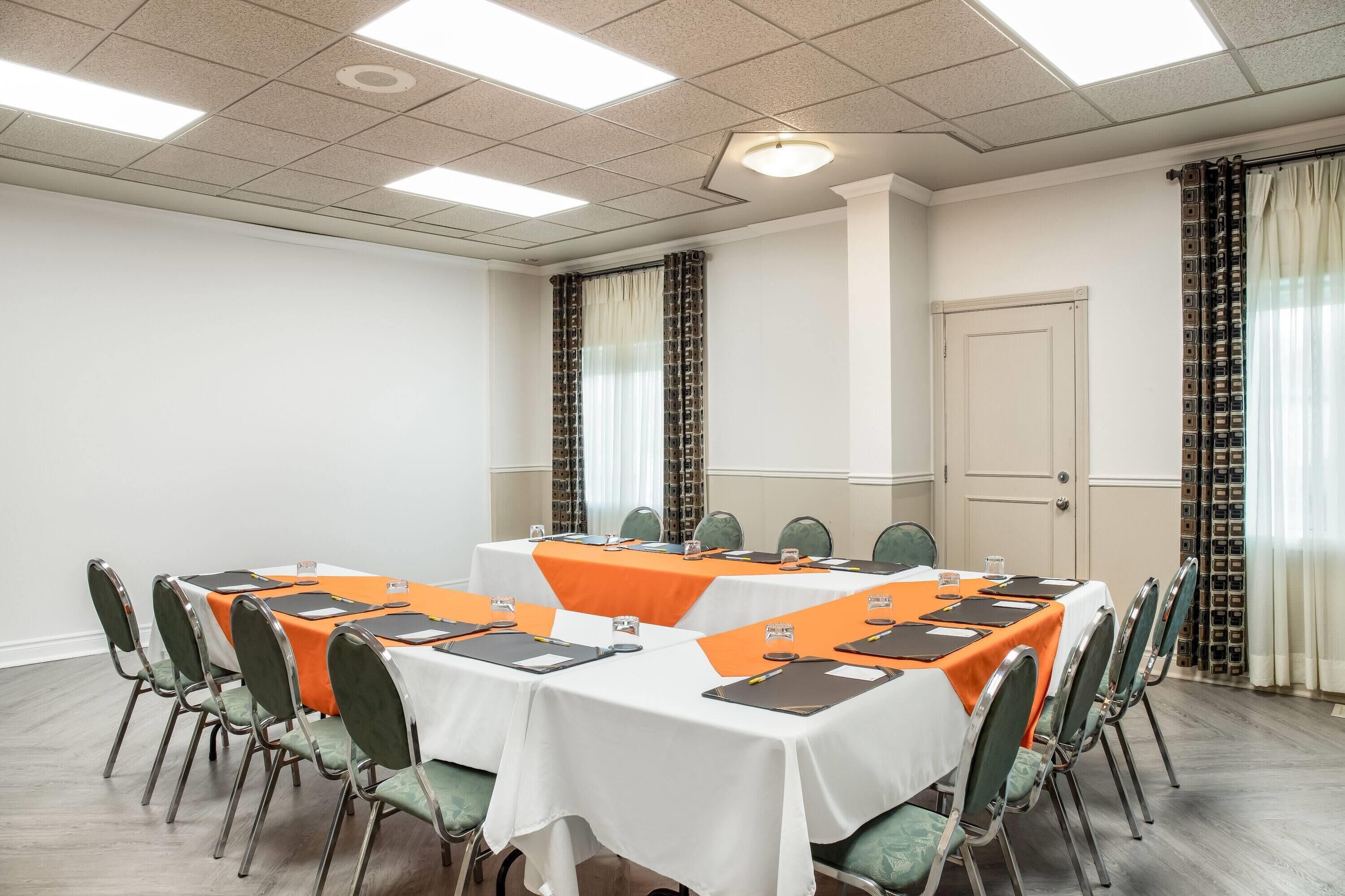 A conference room with a long table, chairs, and a white ceiling with fluorescent lights.