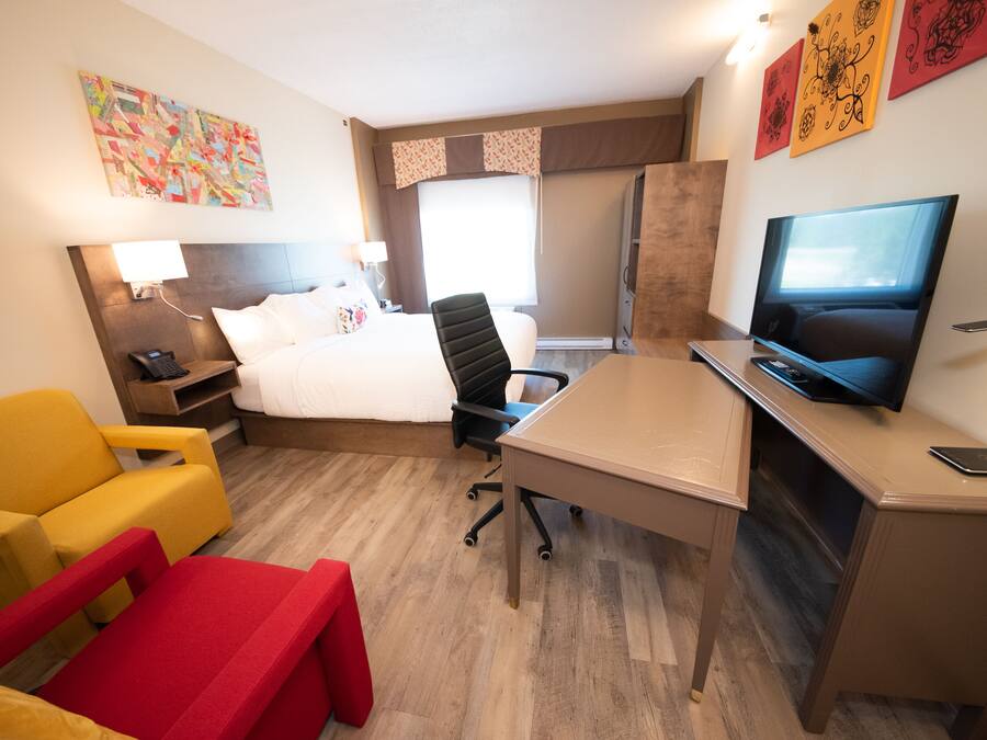 Una habitación de hotel con cama, escritorio, televisor, silla y sofá.